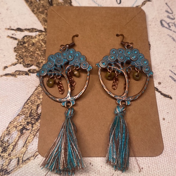 Tree of Life Dangling Tassel Earrings Costume Jewelry Copper Blue Patina - Picture 6 of 7